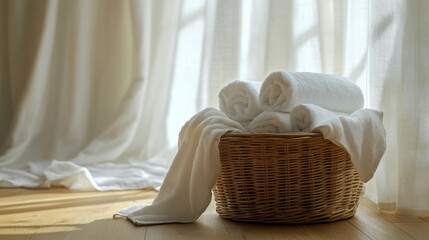 Wall Mural - A basket full of white towels sits on a wooden floor