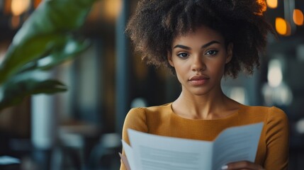 Wall Mural - A woman with curly hair is sitting at a table with a book in front of her