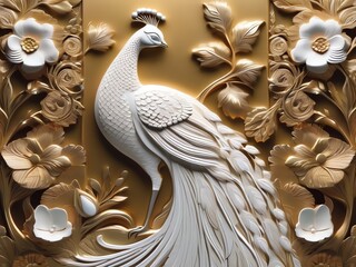 Wall Mural - An artwork of a majestic peacock with an ornate blooming whtite and gold flowers