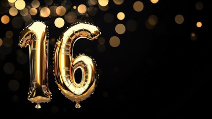 A festive scene featuring two shiny golden foil balloons shaped the number 16 against a bright black background. 