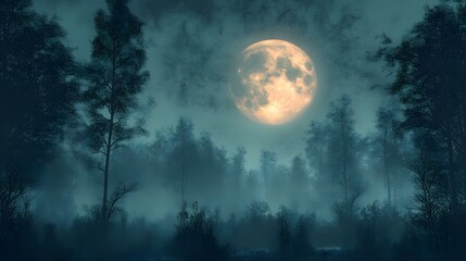 Wall Mural - a full moon illuminating a haunted forest