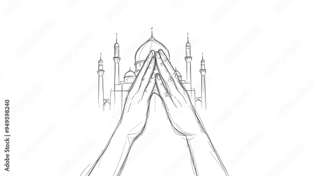 One line hand drawing. arms reaching up, an Islamic praying and a ...