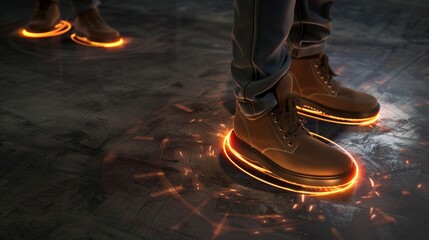 Wall Mural - Futuristic glowing orange light trails surrounding the feet of a person wearing brown leather boots.