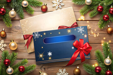 Two gift cards, one golden with a red bow, the other blue with snowflakes, surrounded by Christmas ornaments and pine branches on a wooden surface