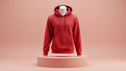 mockup 3d red plain hoodie with mannequin placed on podium, isolated neutral background