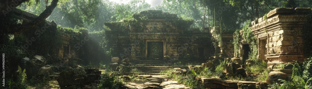 Jungle ruins, overgrown vines, crumbling stone, and ancient relics, 3D ...
