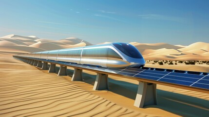 Futuristic high-speed train in desert landscape.