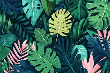 Botanical background with abstract foliage, featuring green tropical forest wallpaper of monstera leaves, palm, and branches. Exotic plants background for banner, prints, decor, and wall art.