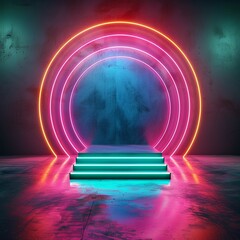 Wall Mural - 3D render of an abstract geometric podium, illuminated by bright neon lights, sleek and futuristic