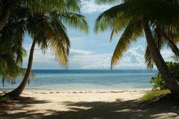 Wall Mural - Tropical beach scene with palm trees and a tranquil setting.