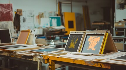 Wall Mural - Screen printing setup with multiple screens ready for use, with the background subtly showcasing the organized chaos of a busy print shop