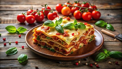 Delicious homemade lasagna served with fresh basil leaves, cherry tomatoes, and black pepper on rustic wooden table