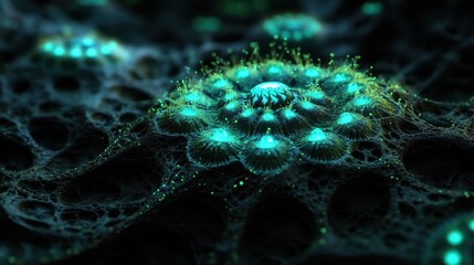 Wall Mural - Abstract Digital Art of Glowing Bioluminescent Patterns in Dark Background with Futuristic and Organic Design Elements