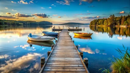 Old rustic wooden dock stretching out into calm blue lake, few boats moored, quiet, nostalgic, a realistic photo image.