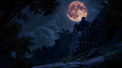 Wall Mural - a full moon casting an eerie glow over a haunted house