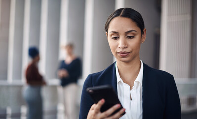 Wall Mural - Woman, cellphone and notification in city for business, networking and app or website. Technology, corporate female person and online in street for connectivity, communication and email for work