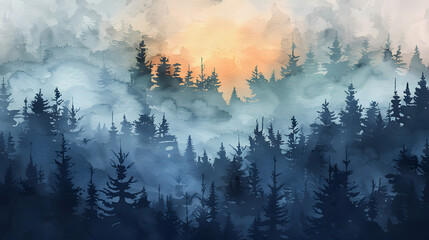 Poster - Watercolor Forest Silhouette Background watercolor