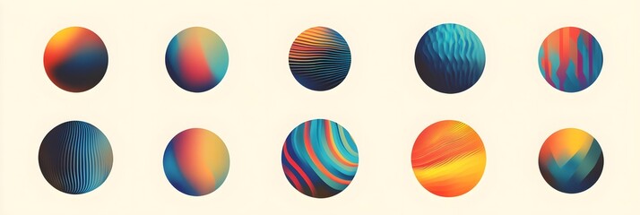 Wall Mural - Teal orange grainy gradient vibrant sphere circle set red blue yellow abstract shapes isolated design elements