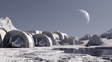 Canvas Print - Futuristic lunar base with large windows overlooking a frozen lake.