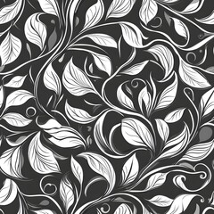 Wall Mural - Vector seamless pattern with leaves and curls. Monochrome abstract floral background. Stylish monochrome texture