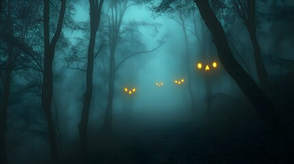 Wall Mural - a foggy forest with glowing eyes peering from the darkness