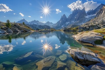 Sticker - The sun shines brightly over a mountain lake, reflecting the summits in the crystal-clear water, Sun-kissed summits reflecting in crystal-clear lakes