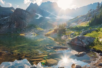 Poster - The sun shines brightly on a mountain lake, reflecting the summits in crystal-clear waters, Sun-kissed summits reflecting in crystal-clear lakes