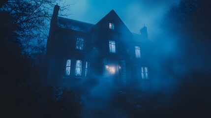 A haunted house with flickering lights and a ghostly figure in the window