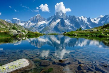 Canvas Print - Mountain ranges reflection in calm lake waters, Sun-kissed summits reflecting in crystal-clear lakes