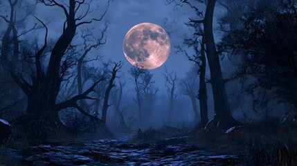 Wall Mural - A full moon illuminating a haunted forest