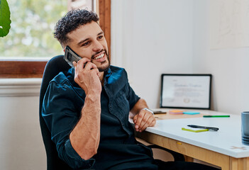 Wall Mural - Businessman, happy and office on phone call with conversation, networking and communication. Male person, employee and smile or satisfied on desk with connection and consultation as graphic designer