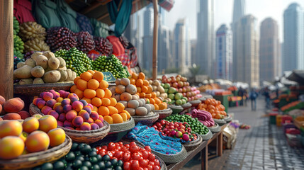 Wall Mural - Contrasting Worlds: Traditional Market Stall Amidst Modern Cityscape