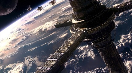 Canvas Print - Futuristic space station orbiting Earth with small spacecraft.