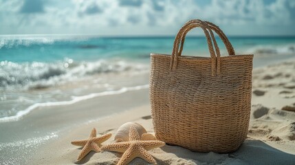 Canvas Print - Summer Beach Bag with Starfish on Sandy Shore