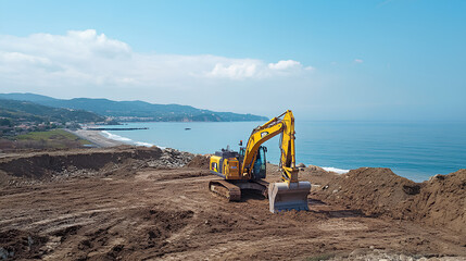 Excavator Working on Coastal Construction Site with Sea View