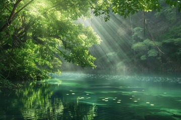 Wall Mural - A river with green water flows through a forested area with trees on the banks under sunlight, Sunlight filtering through lush foliage onto the tranquil waters of a hidden lake