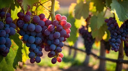 A close-up of ripe red and purple grapes hanging from a vine in the warm sunlight.