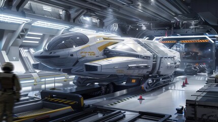 Sticker - Futuristic spaceship docked in a hangar.