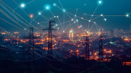 Wall Mural - photograph of smart iot hubs being installed on high voltage power poles showcasing the of innovativ