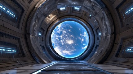 Wall Mural - Futuristic spaceship hallway with Earth view.