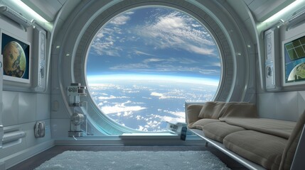 Poster - Futuristic spaceship interior with a large window showing Earth from space.