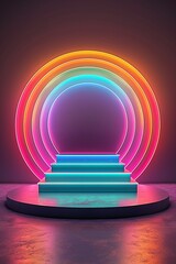 Wall Mural - 3D render of a modern neon podium, sharp geometric patterns, bold and vibrant, futuristic presentation