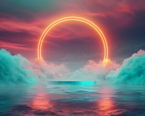 Wall Mural - Sleek neon podium floating above a digital landscape, bright neon lights, hightech vibe, 3D render