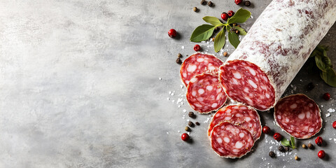 Wall Mural - Salami log partially sliced next to whole peppercorns