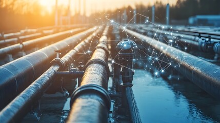 Wall Mural - a photograph of an iot powered water pipeline system featuring a network of sensors and monitoring t