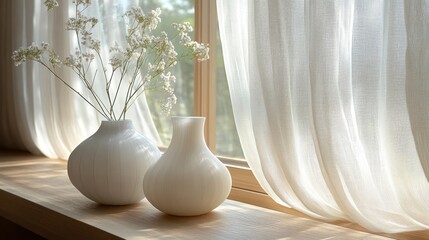 Poster - White Vases and Sheer Curtains