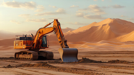 Excavator in the Desert Landscape at Sunset