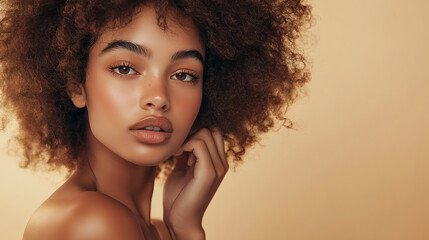 Poster - Beauty portrait of african american woman with clean healthy skin on beige background. Smiling dreamy beautiful afro girl. Curly black hair