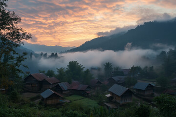 Wall Mural - Sunrise Coloring the Clouds Above a Peaceful Village