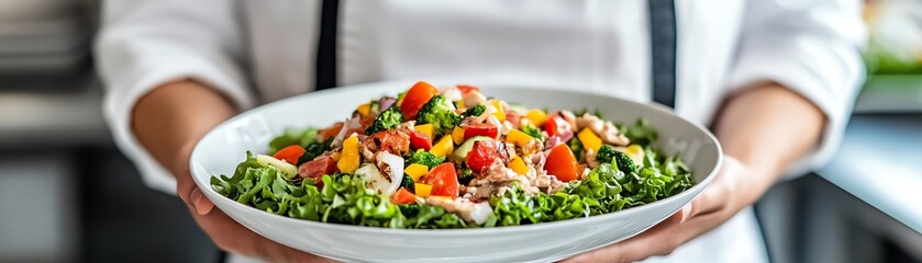 Closeup of chef's hands holding a plate of fresh salad with tomatoes, greens, and other vegetables.